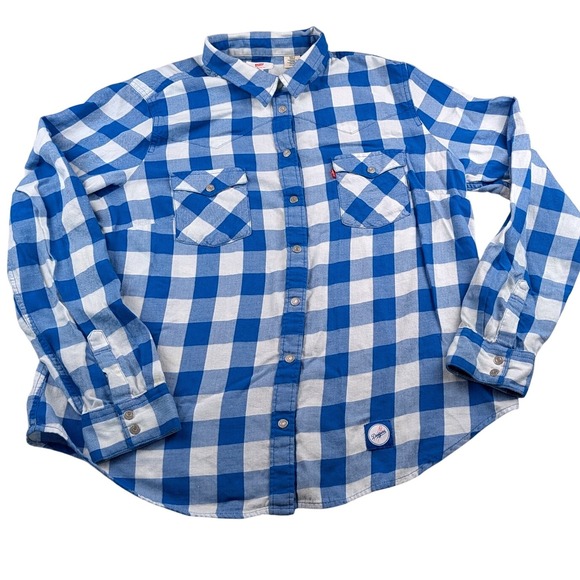 Levi's Tops - Levis MLB Los Angeles Dodgers Flannel Shirt Womens XL Blue White Buffalo Plaid